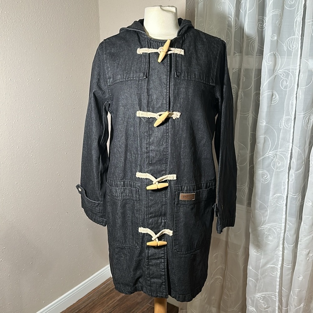 Denim & Co Lined Charcoal Denim Utility Hooded Coat Toggle Button Closure M NEW - Picture 2 of 16